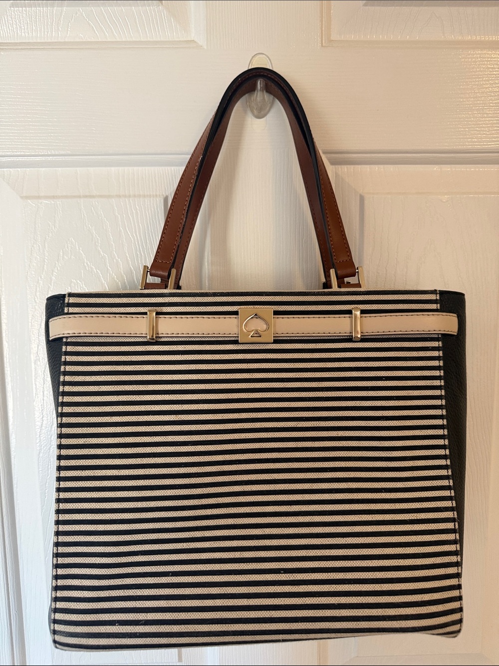 kate spade Black and Cream Striped Tote with Brown Handles